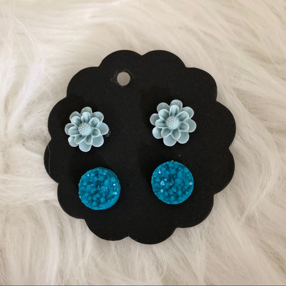 NWT Floral Teal Raw Druzy Earring Stud Duo Set - Picture 4 of 4